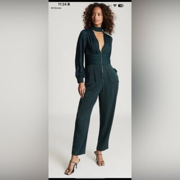 Reiss Kinley Plunge Tie Detail Green Jumpsuit - Picture 1 of 15